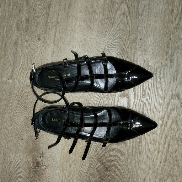 SAINT LAURENT YSL BLACK PATENT STRAPPY ANKLE STRAP EUC BADAZZ 39.5 SHOES - Picture 3 of 11